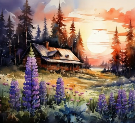 Diamentowa Mozaika Dom górski i zachód słońca NO-2000153