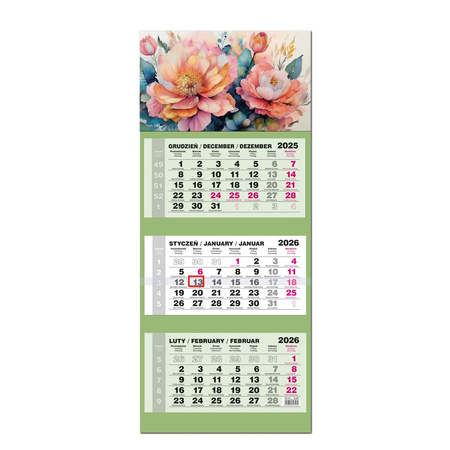 Kalendarz 2026 trójdzielny LUX główka wypukła Kwiaty