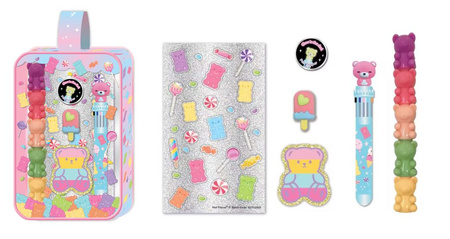 Długopis i zakreślacze w kosmetyczce Miś