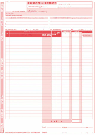 Arkusz spisu z natury pion A4