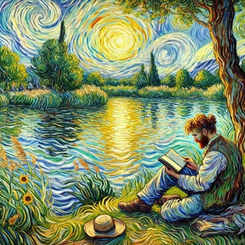 Diamentowa Mozaika Mężczyzna czytający nad jeziorem w stylu Van Gogha NO-2003114