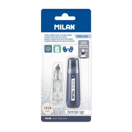 Korektor mini w taśmie Milan 1918 5 mm x 6 m granatowy + wkład zapasowy na blistrze