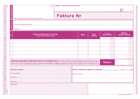 Faktura dla zwolnionych podmiotowo z podatku A5 poziom