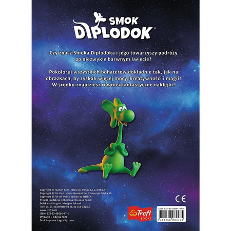 Smok Diplodok. Kolorowanka z naklejkami