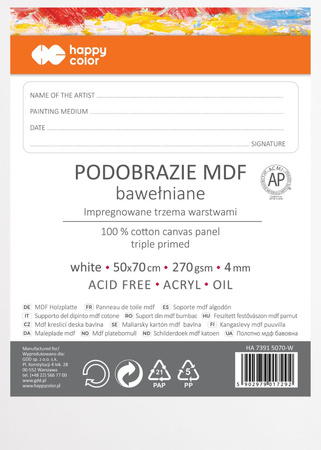 Podobrazie bawełniane 50x70 impregnowane białe MDF 4mm Happy Color