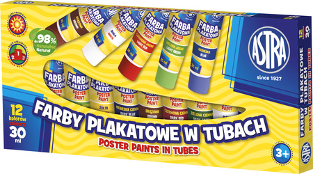 Farby plakatowe w tubach Astra 12 kolorów 30 ml