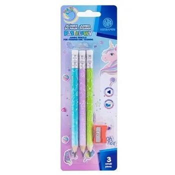 Ołówki grafitowe trójkątne HB Jumbo Astrakids Unicorn 3 szt. z  temperówką