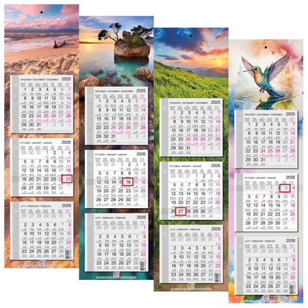 Kalendarz 2026 trójdzielny wąski płaski 1szt.mix