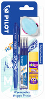 Pióro kulkowe Frixion Pilot niebieskie + wkład Frixion niebieski x3+klej szybkoschnący + gumka owalna blister