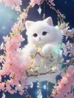 Diamentowa Mozaika Kotek biały na gałęzi w różowych kwiatach NO-2000392