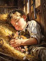 Diamentowa Mozaika Chłopiec śpiący na sianie z kotkiem NO-2003010